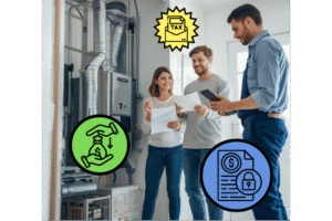 Homeowner reviewing 2026 HVAC tax credits and rebates in NJ with a technician beside a high-efficiency system in a Woodland Park NJ home