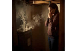Homeowner noticing a strange furnace smell while standing near a running gas furnace in a New Jersey basement, signaling a potential safety and repair issue