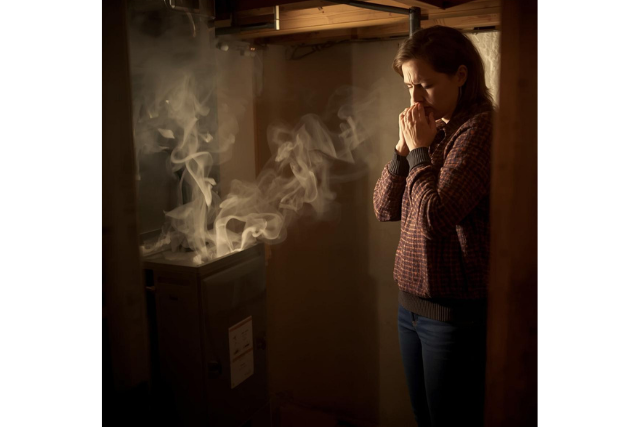 Homeowner noticing a strange furnace smell while standing near a running gas furnace in a New Jersey basement, signaling a potential safety and repair issue