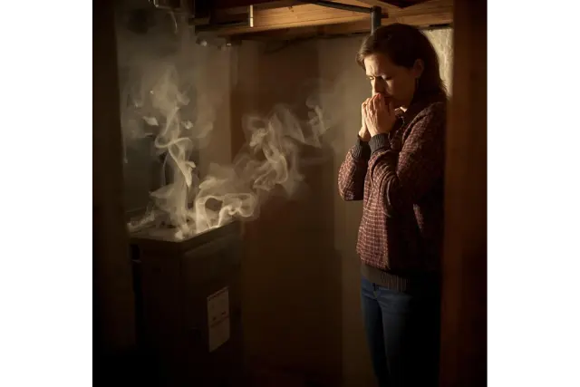 Homeowner noticing a strange furnace smell while standing near a running gas furnace in a New Jersey basement, signaling a potential safety and repair issue