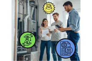 Homeowner reviewing 2026 HVAC tax credits and rebates in NJ with a technician beside a high-efficiency system in a Woodland Park NJ home