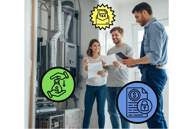 Homeowner reviewing 2026 HVAC tax credits and rebates in NJ with a technician beside a high-efficiency system in a Woodland Park NJ home