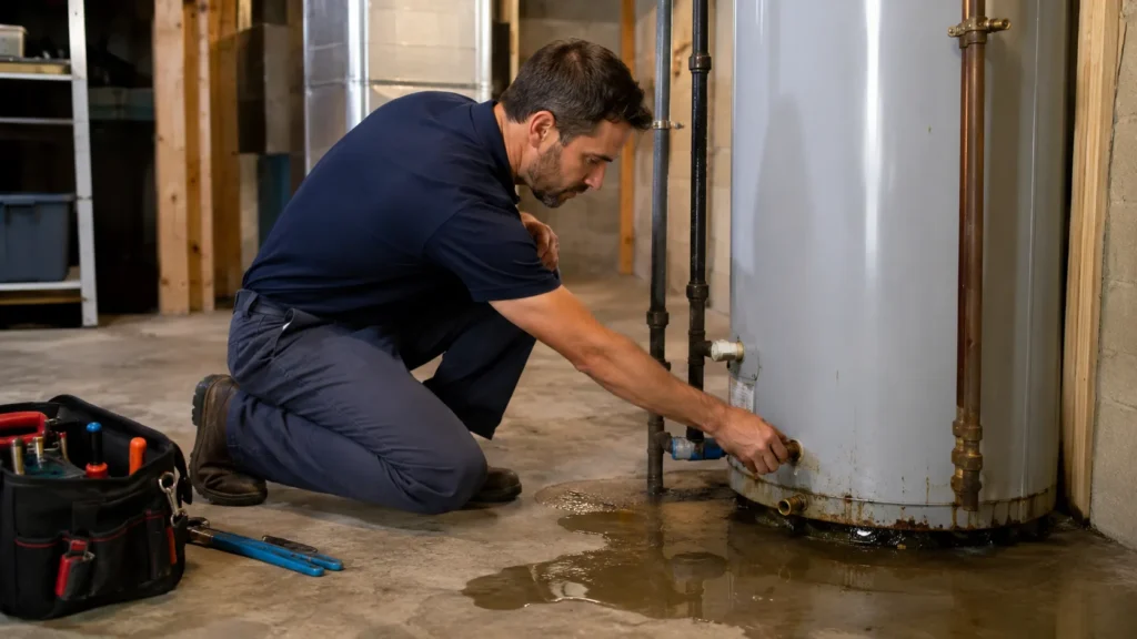 Technician inspecting a leaking water heater in a Woodland Park NJ basement