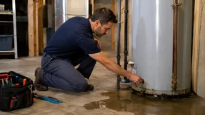 Technician inspecting a leaking water heater in a Woodland Park NJ basement