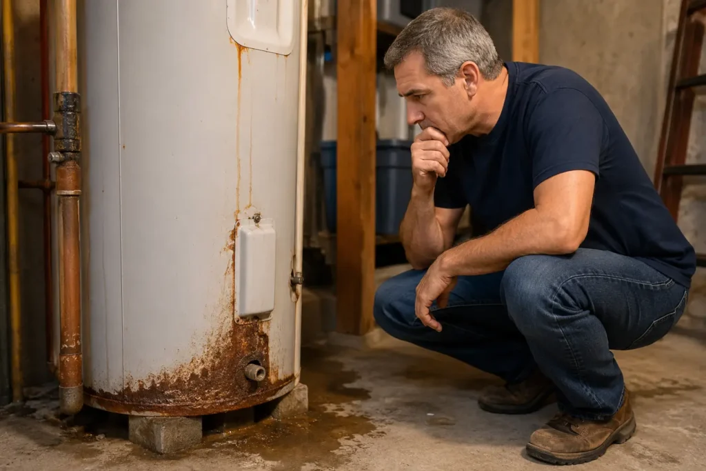 Homeowner checking rusty leaking water heater in Woodland Park basement