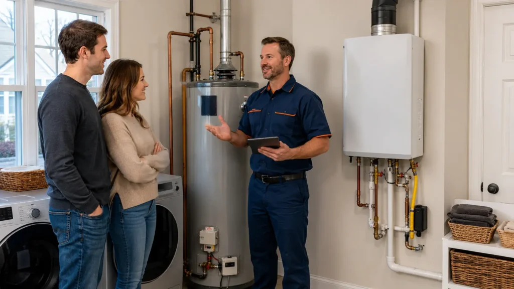 Technician comparing tankless and tank water heaters in a Woodland Park NJ home