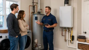 Technician comparing tankless and tank water heaters in a Woodland Park NJ home