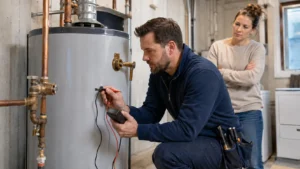 Technician tests a residential water heater for no hot water in Woodland Park, NJ